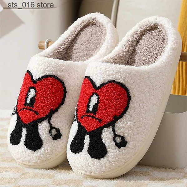 

slippers bad bunny un verano sin ti autumn winter fulffy fur slippers plush fleece flat love heart slippers indoor slippers couple shoes t23, Black