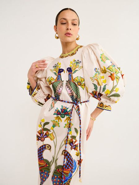 

basic casual dresses birds printed lantern sleeve dress women belts o-neck split holiday flower beach dress female summer colorful long a-li, Black;gray