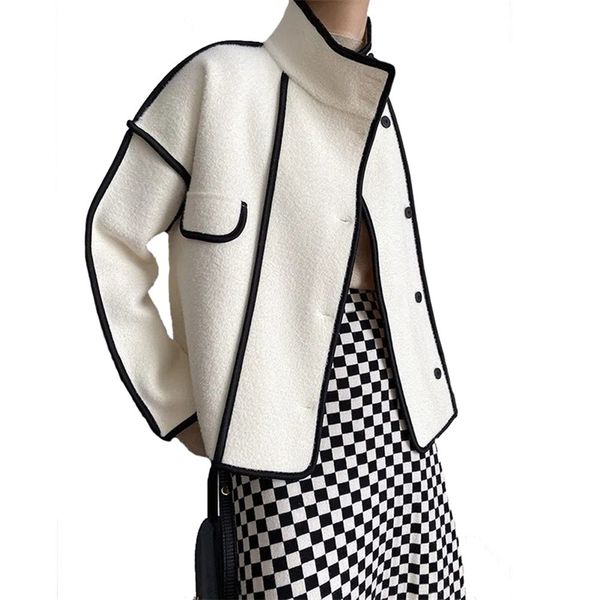 

womens wool blends stand collar contrast color pearl velvet cropped coats spring summer casual cardigans jackets 230828, Black