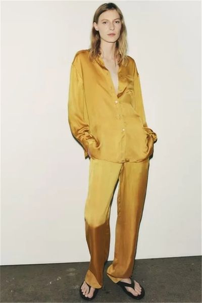 

women's pants satin yellow loose shirts and straight autumn casual turndown collar blouses home pajama female trousers 230828, Black;white