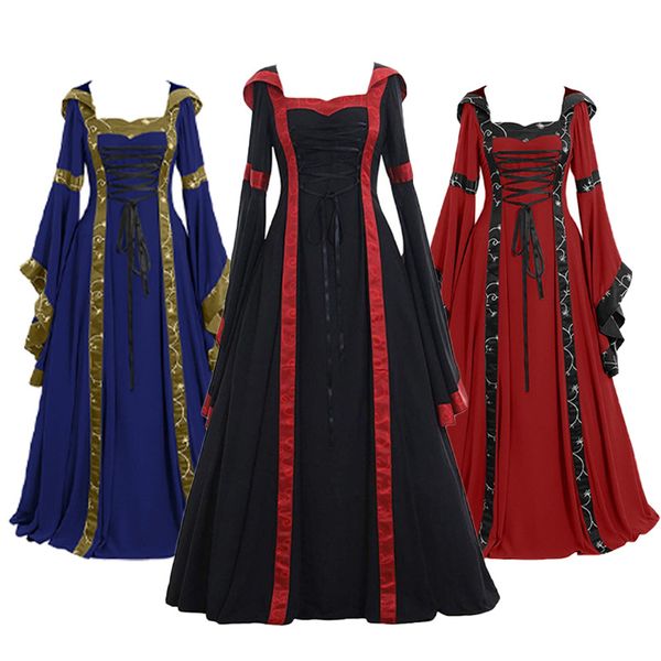 

fashionable theme costume for women retro hooded dress square collar swing skirt, Black;red
