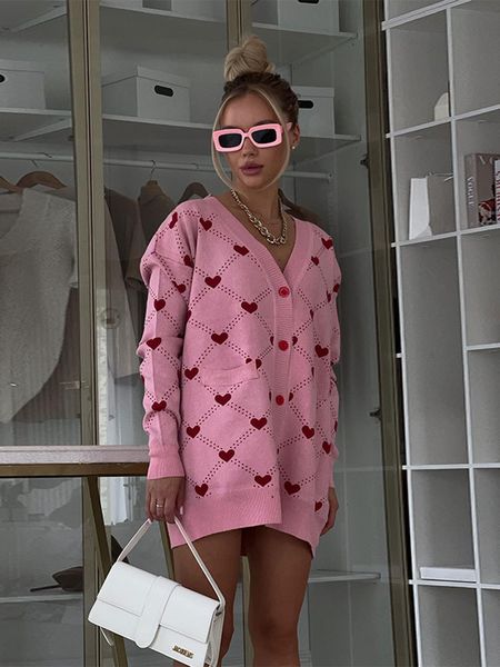 

women s knits tees fashion love printed knitted cardigan elegant single breasted v neck thin sweater autumn ladies casual loose sweetwear 23, White