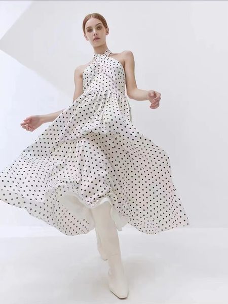 

basic & casual dresses hanging neck sleeveless polka dot printed dress, Black;gray