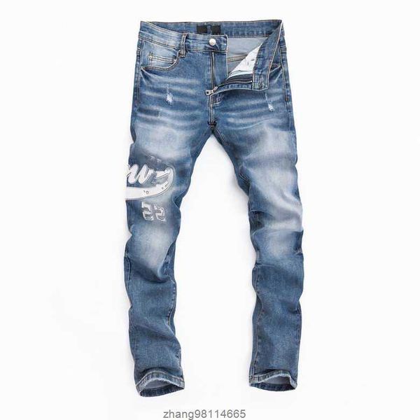 

2023 designer mens jeans high street purple for men embroidery pants womens oversize ripped patch hole denim straight fashion streetwear sli, Blue