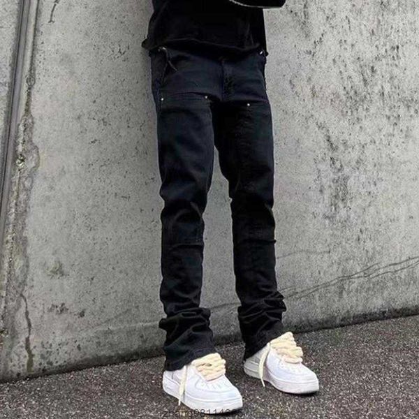 

men's jeans high street ruined frayed washed retro wide boot pants for men and women straight ripped casual oversized denim trousers, Blue