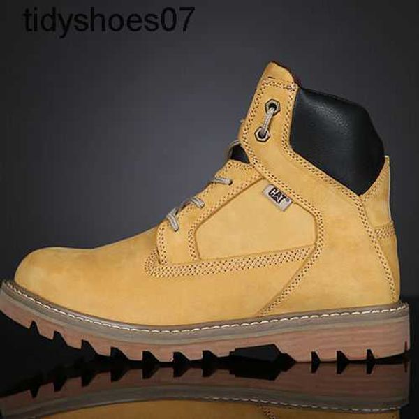 

cat men's shoes autumn and winter high martin boots work dress shoes zipper cowhide boots lace up outdoor yellow boots, Black