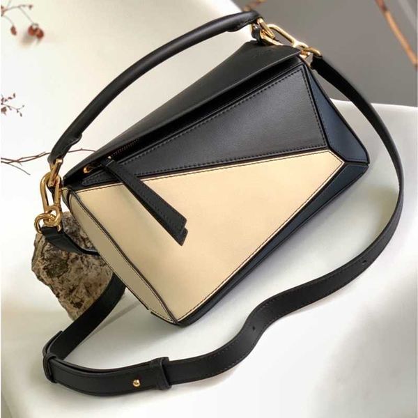 

lowe brand women's puzzles bag genuine leather handbags spliced handheld one shoulder crossbody geometric bag