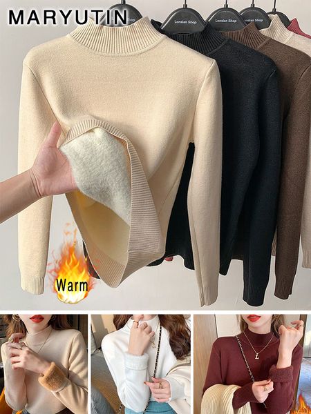 

women's sweater's half turtleneck swetaer slim thicken plus velvet woman sueter fall winter warm long sleeve knitted pullover jump, White;black