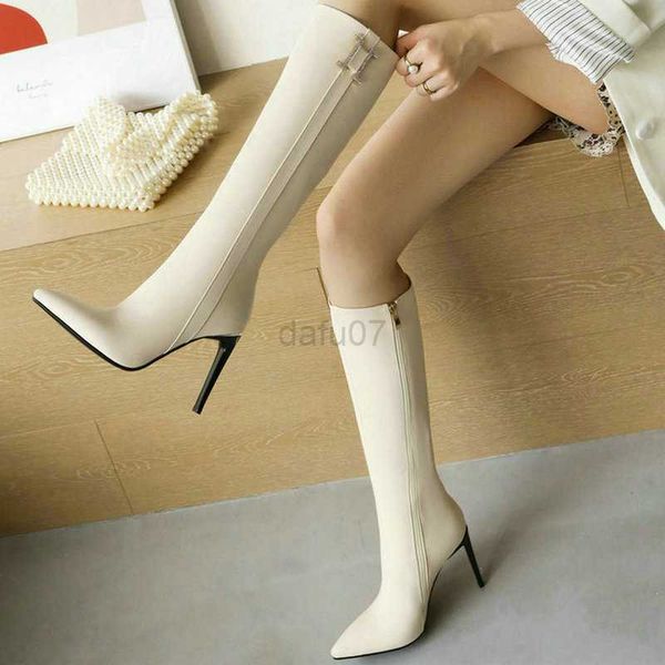 

boots black beige women knee high boots fashion thin high heel pointed toe ladies calf boots faux leather side zipper women's shoes l08