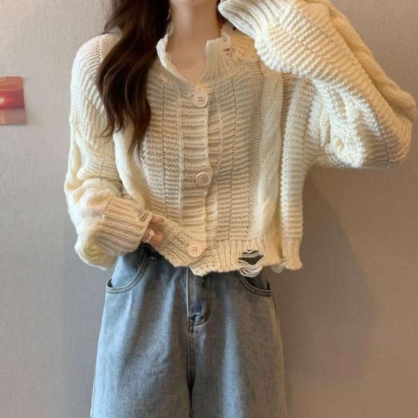 

spring and autumn style french sweaters niche design feeling hole lazy loose high short pure color sweater jacket, White;black