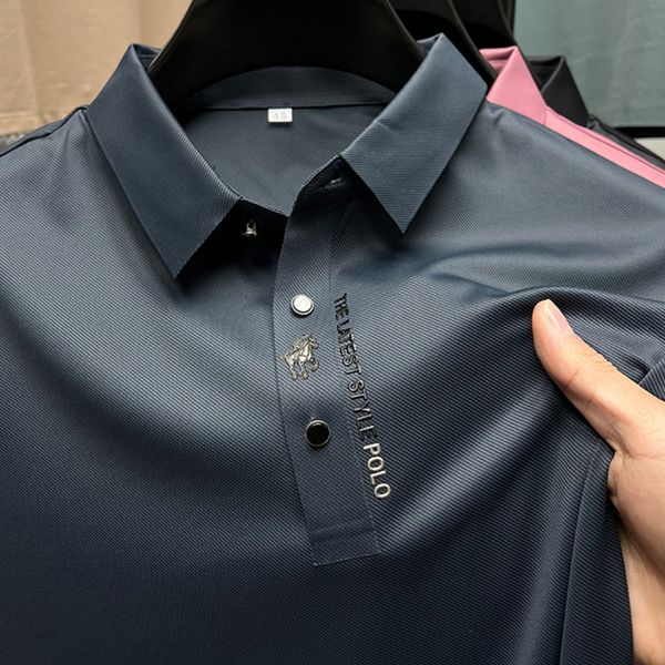 

men's polos ice silk embroidery polo shirt 2023 summer lapel elasticity t-shirt korean fashion short sleeve business casual men clothin, White;black