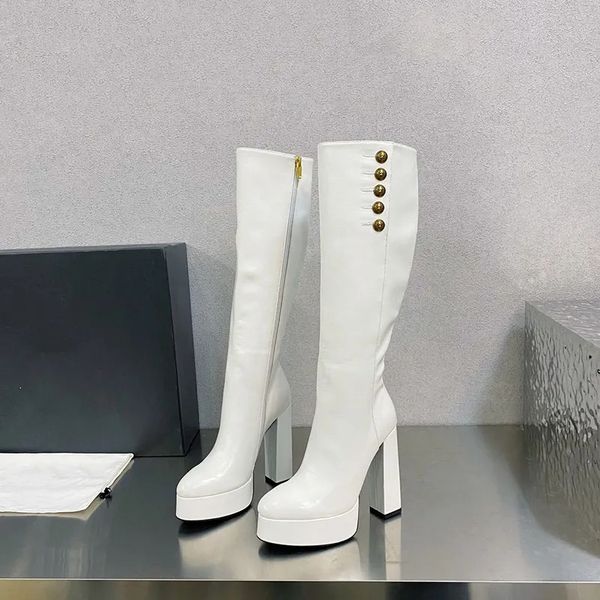

brune pumps lether knee boots pointed toe block chunky heels leather sole for grils women luxury designer botton fashion shoes factory footw, Black