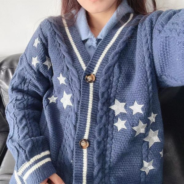 

women's knits tees navy blue handmade tay knitted star embroidery lorswift oversized cardigans luxury women's korean fashion straw, White