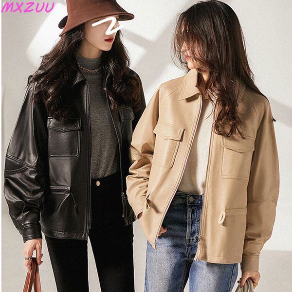 

womens leather faux women genuine locomotive jacket show thin waist jaqueta couro feminina sheepskin casual black apricot versatile coat 230
