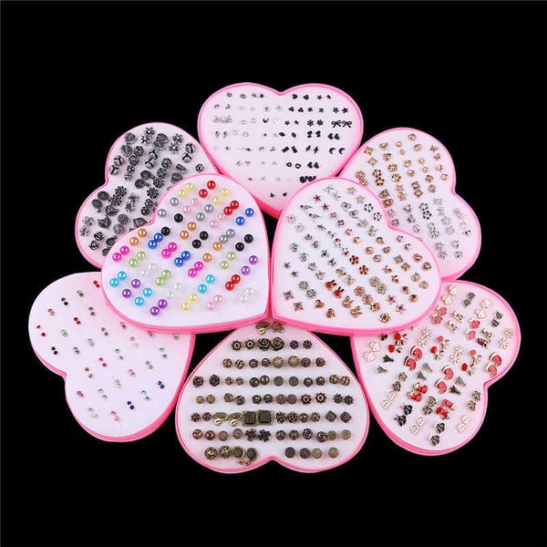 

18/36/100pairs women star moon small plastic stud earrings set girl children cartoon geometric party birthday christmas jewelry, Red;brown