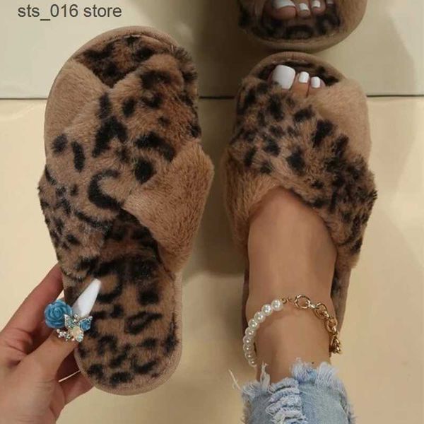 

slippers winter women house slippers leopard print faux fur fashion warm shoes woman slip on flats female slides home furry slippers t230828, Black