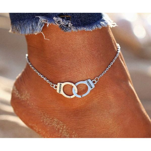 

vintage silver color handcuffs anklets for women bohemian om ankle bracelet on the leg barefoot party jewelry, Red;blue
