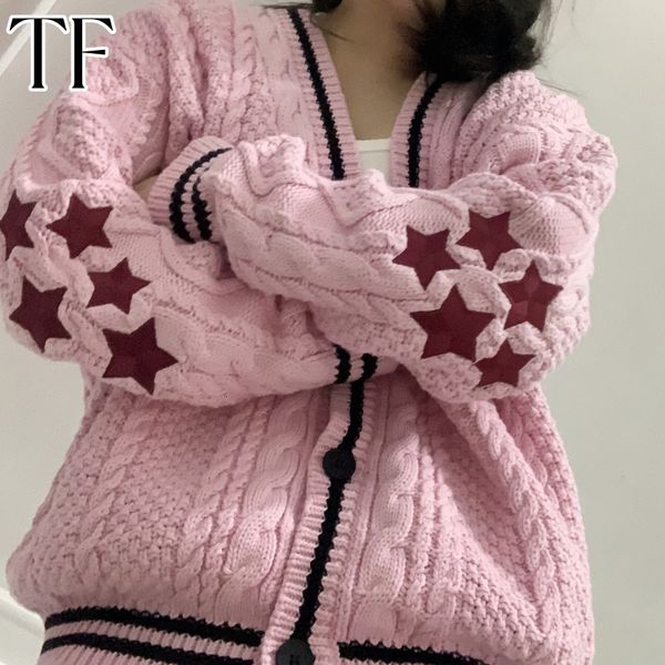 

women's knits tees autumn women star embroidered cardigan y2k pink cardigans america style loose knitted sweater tay fashion warm women, White