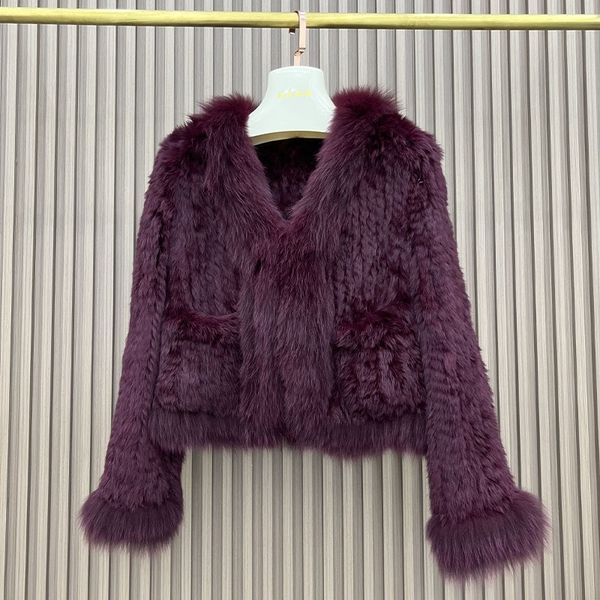 

womens fur faux autumn winter real jackets natural rabbit coats knitted luxury woman clothing female coat outwear 230828, Black
