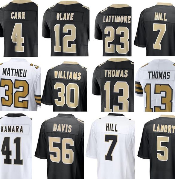 

football jersey 23 marshon lattimore 12 chris olave 41 alvin kamara 13 michael thomas 32 tyrann mathieu 4 derek carr 94 cameron 30 jamaal wi, Black;red