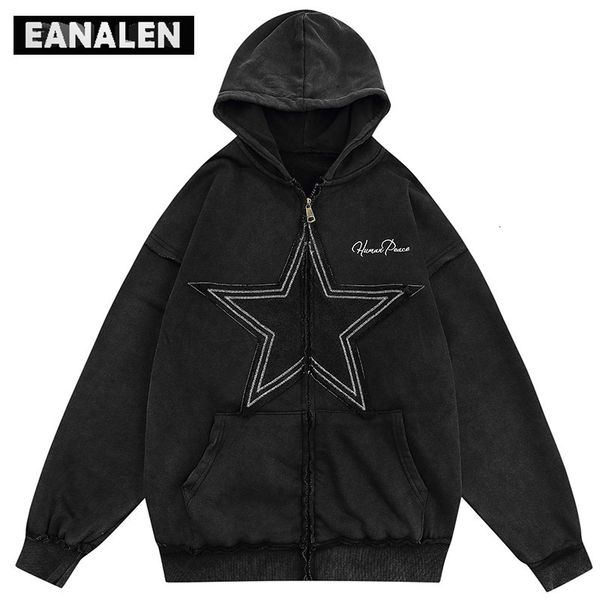

men's hoodies sweatshirts harajuku vintage embroidered star pattern hoodie men's winter rock punk street dress oversized zipper co, Black