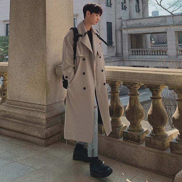 

men's trench coats 2023 wear autumn fashion double breasted clothes male long coat loose overcoat trend handsome casual windbreak 23082, Tan;black