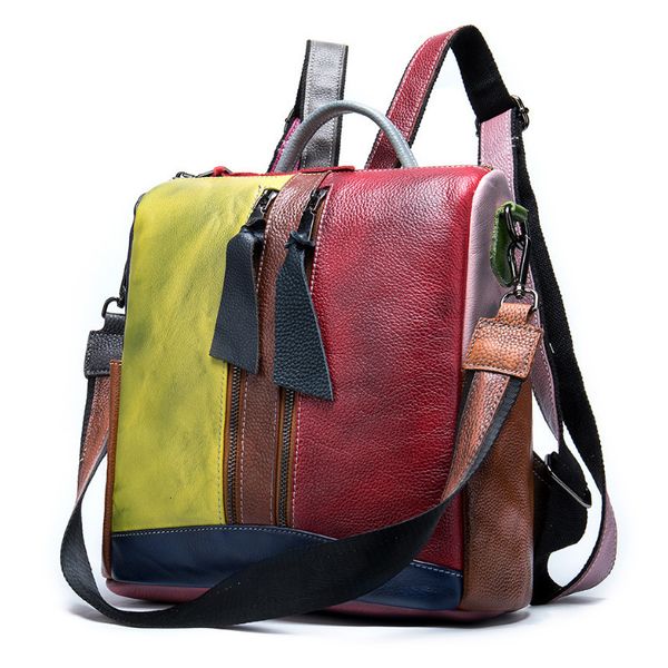 

school bags high fashion woman backpack genuine leather patchwork travelling bagpack cow girls female daypack 230828