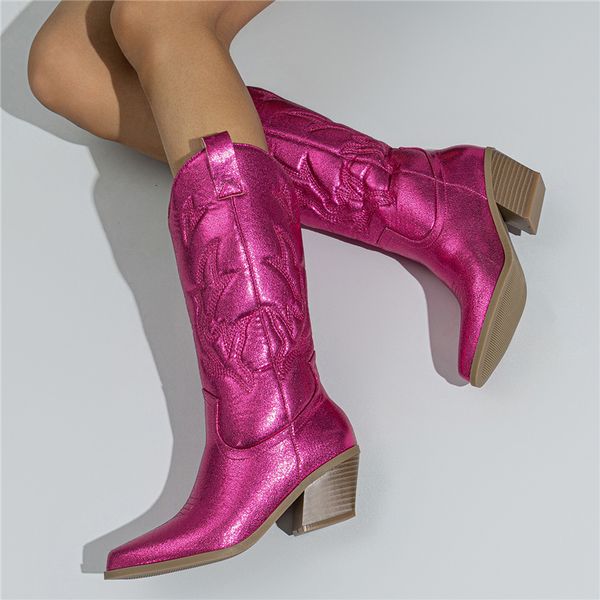 

boots women mid calf 55cm high heels wedges platform block low lady fashion pink gold silver peach quality booties shoes 230829, Black