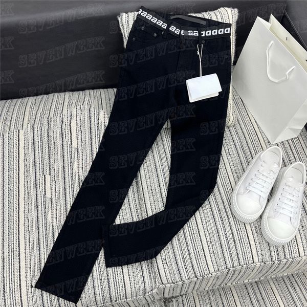 

letter webbing women denim pant fashion designer slim jeans ins style lady long pants, Black