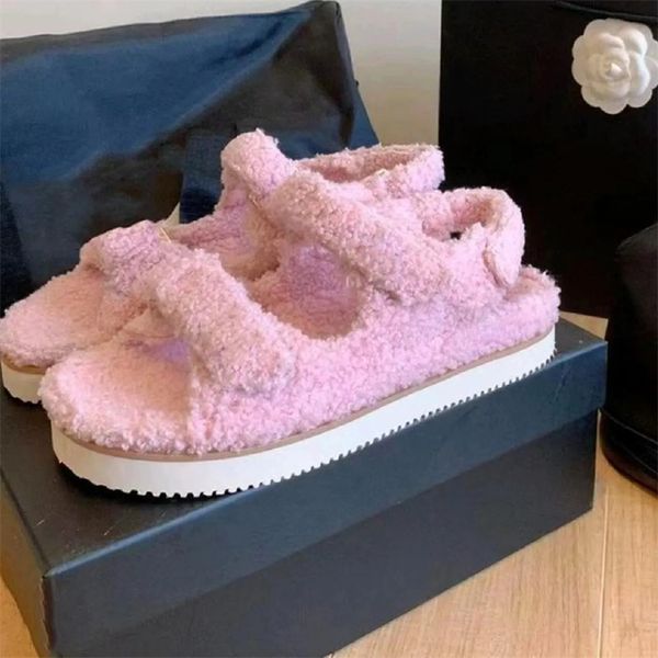 

designer womens lamb wool sandals designer candy color leisure winter plush warmth sandals lady warmth outdoor slipper beach shoe, Black