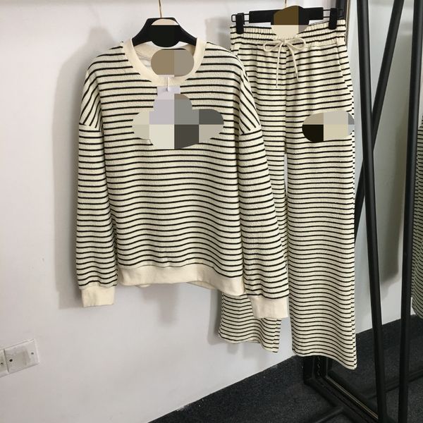 

826 2023 milan style autumn brand same style two pieces sets crew neck white black flora print long pants empire long sleeve womens clothes