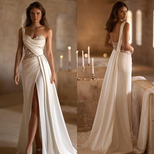 

boho a line wedding dresses for bride sweetheart pleats satin appliques wedding dress backless split designer bridal gowns, White