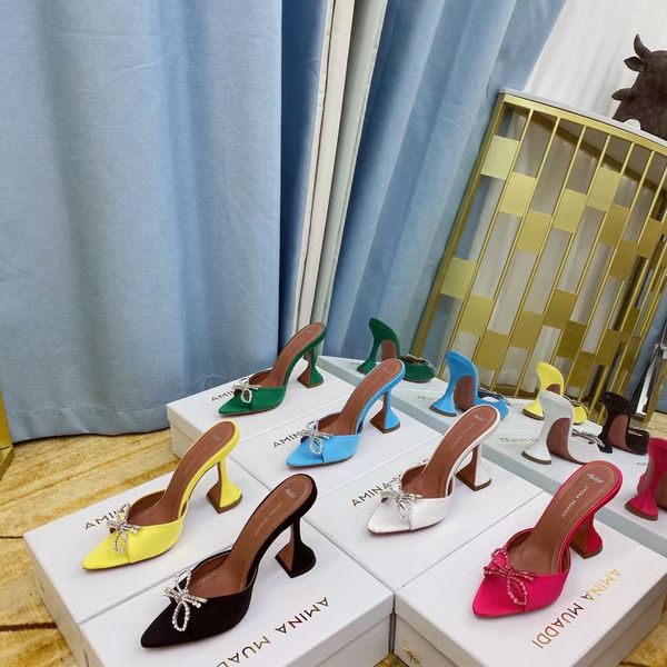 

amina muaddi crystal rhinestone bowtie mules sandals pointed toe chunky heel leather sole women's luxury designers evening dress party, Black