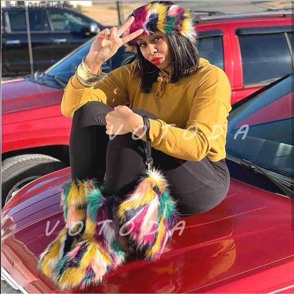 

boots new women fur boots winter woman warm fluffy faux fur bag headband set female furry snow boots ladies plush outdoor flat shoes t230829, Black