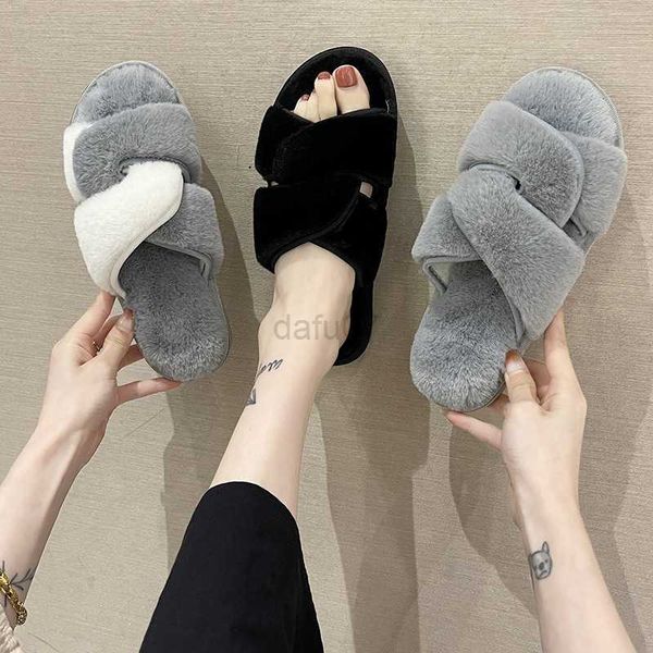 

slippers 2021 new korean style women fur slippers fashion keep warm soft bottom home slippers woman furry slipper cross strap design l0829, Black