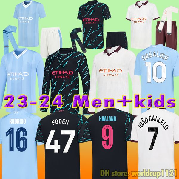 

23 24 haaland soccer jerseys grealish de bruyne foden mans cities mahrez phillips bernardo 2023 2024 j. alvarez stones football shirt kids, Black;yellow