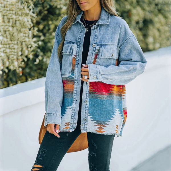 

women's jackets jeans casual jackets autumn winter aztec lapel pocket denim coat patchwork long sleeve wool women's retro jacket 2, Black;brown