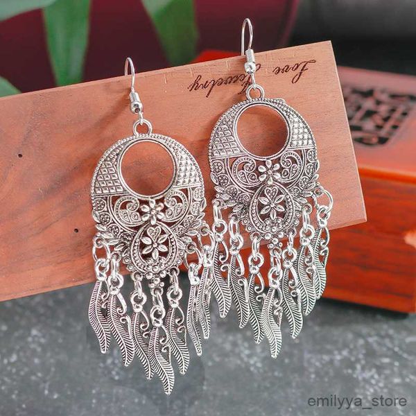 

charm tibet silver color big statement hollow carved flowers geometric leaves tassel drop earrings for women r230829, Golden