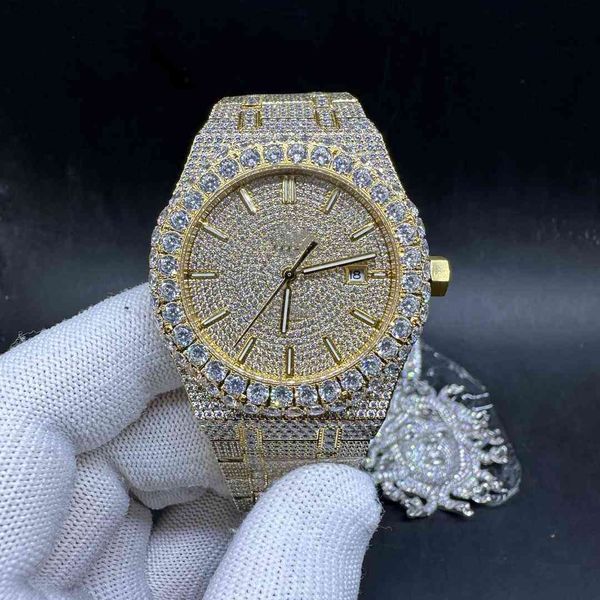 

iced out diamond men watch 15400 automatic movement yellow gold case 42mm full cz diamonds prongset big stones bezel, Slivery;brown