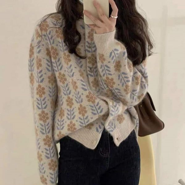

womens knits tees fashionable round neck floral cashmere knitted cardigan for women in autumn and winter loose fitting slimming reducing age, White