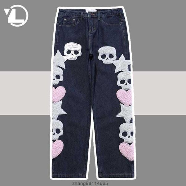 

men's jeans ripped jeans men skull and five stars towel embroidery pants harajuku vibe style streetwear oversize casual denim trousers, Blue