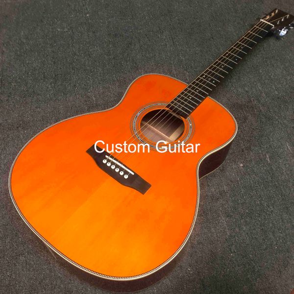 

custom solid spruce wood om jm 14 frets rosewood back side acoustic guitar fishbone binding with hardcase