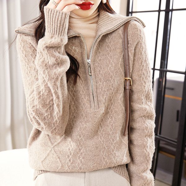 

women's sweaters woman's casual pullover female long sleeve turndown collar zipper jumper winter thick 100 wool knitted blouse my, White;black