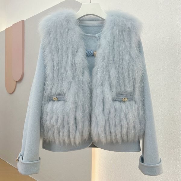 

womens fur faux autumn winter real vest 100% wool cashmere warm jacket detachable luxury thick two piece feamle coat 230828, Black