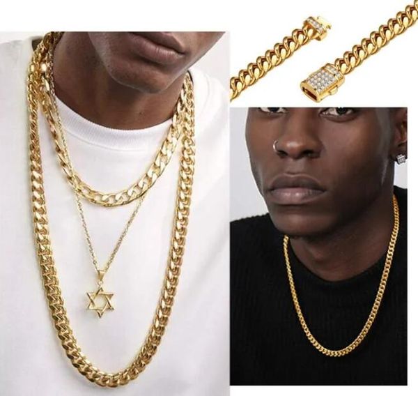 

men's 14k plated gold stainless steel cuban necklace bracelet white lad diamond micro set lock chain 10/12/14mm, Silver