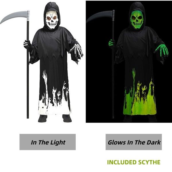 

theme costume child glow in the dark grim reaper phantom scary kids fancy dress costume halloween theme party performance 230829, Black;red