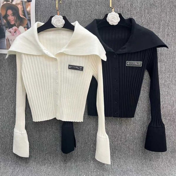 

designer knitted women's stretch slim cardigan sweet stripe knitted sweater shawl large lapel autumn and winter new long sleeve fashion, White;black