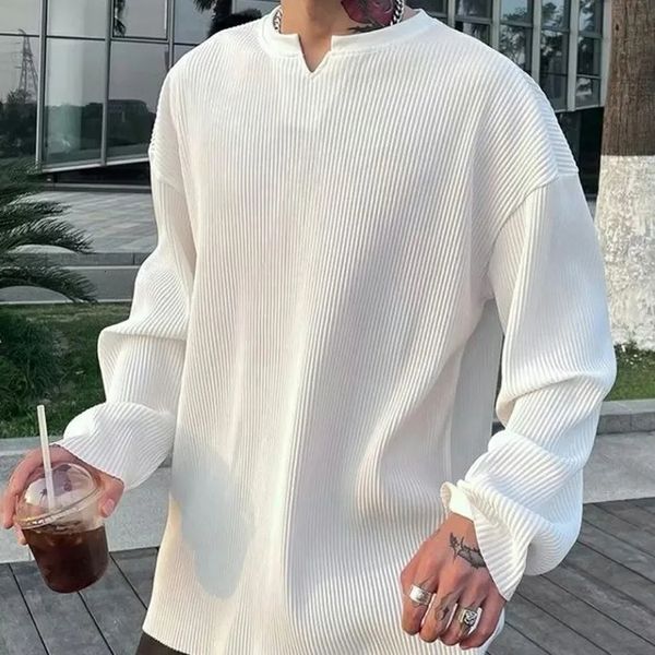 

mens tshirts white vneck pleated stripe tshirt for men large size silky soft long sleeved summer loose no ironing bottomed shirt 230829, White;black