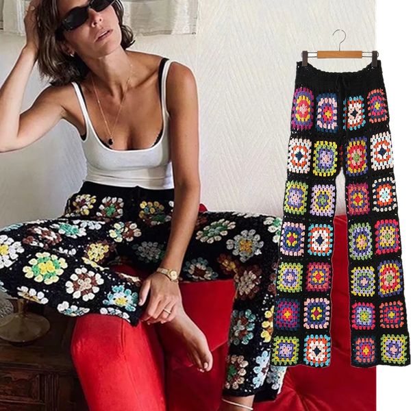 

women's pants s maxdutti trouser ins fashion blogger vintage hnadmade knitted pant holiday loose pantalones mujer pantalon femme 230828, Black;white