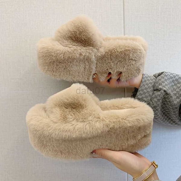 

slippers new summer fur chunky slippers women fashion open toe platform flats heels 7cm female summer comfort beach slides shoes l0829, Black